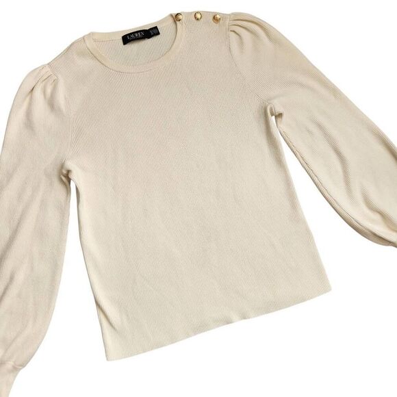 Lauren Ralph Lauren Sweater Womens XL Button Trim Ribbed Gold Ivory Puff Sleeve - Picture 2 of 7